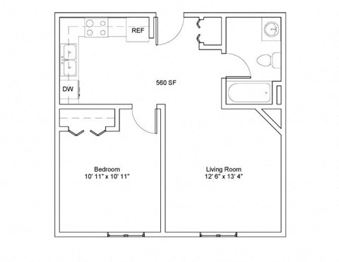Floor plan for 1 bed, 1 bath, 576 sqft